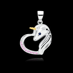 Kinder Mädchen Damen Kettenanhänger Einhorn Herz 925er Silber Zirkonia pink