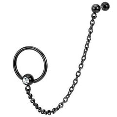 Tragus Piercing Kette mit Klemmring und Zirkonia schwarz