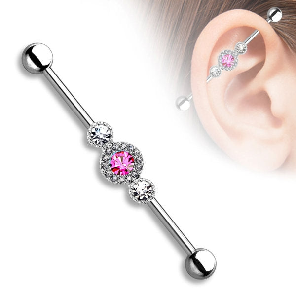 Industrial Ohr Piercing Modeschmuck Barbell mit Zirkonia Steinchen Farbwahl - Cristal-Jewelry