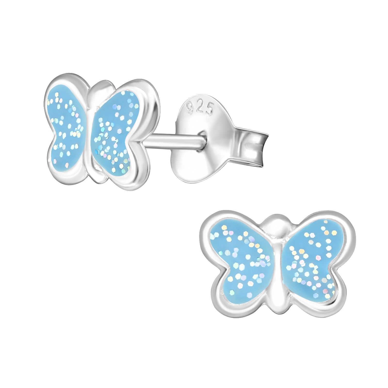 Mädchen Kinder Ohrstecker Schmetterling hellblau mit Glitter Glitzer 925er Silber