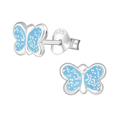 Mädchen Kinder Ohrstecker Schmetterling hellblau mit Glitter Glitzer 925er Silber