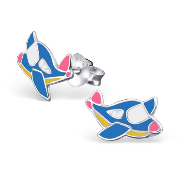 Mädchen Kinder Ohrstecker Flugzeug Jumbo 925er Silber blau