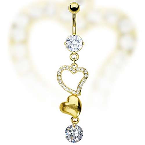 Bauchnabelpiercing Gold Style Herz Anhänger Strass Zirkonia Navel Ring
