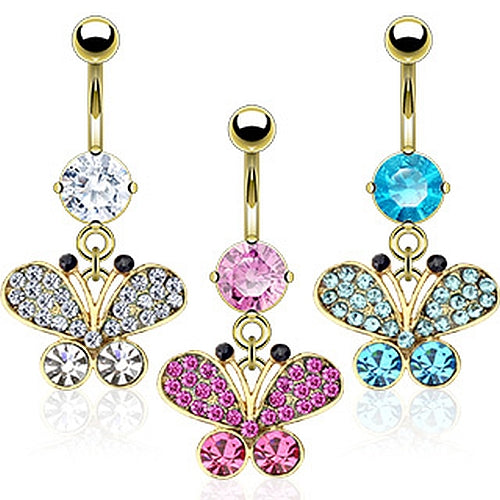 Bauchnabelpiercing Schmetterling Gold Beschichtet  Zirkonia Steinchen