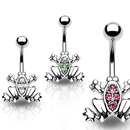 Bauchnabel Piercing aus Chirurgenstahl mit Glitzer Frosch mit weiss, pink oder grünen Steinen.