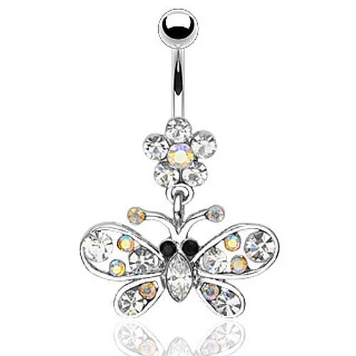 Bauchnabelpiercing mit funkelndem Kristall Schmetterling und Blume.