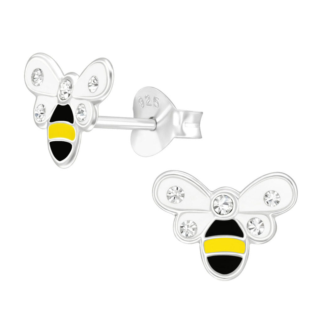 Kinder Ohrstecker Biene mit weißen Kristall Strass Steinchen Silber