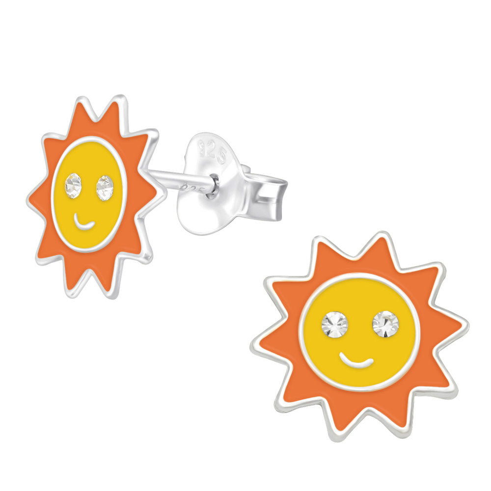 Kinder Ohrstecker Ohrschmuck Sonne mit weißen Kristall Strass Augen Silber