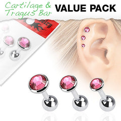 3er Set Tragus Piercing mit Schmuckstein in verschiedenen Farben - Cristal-Jewelry