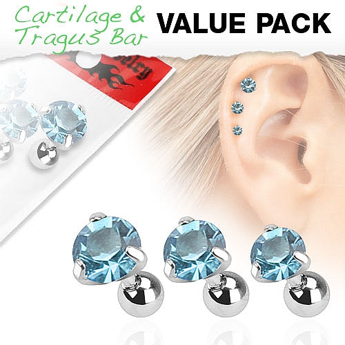 3er Set Tragus Piercing mit Zirkonia Farbwahl - Cristal-Jewelry