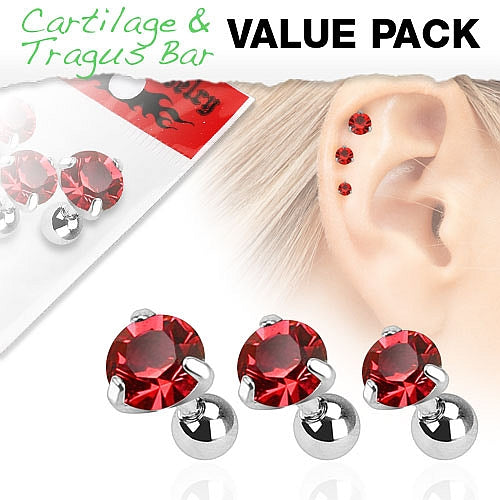 3er Set Tragus Piercing mit Zirkonia Farbwahl - Cristal-Jewelry