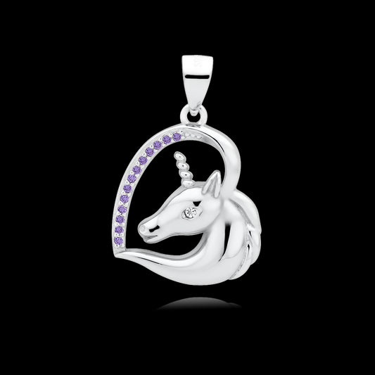 Kinder Mädchen Damen Kettenanhänger Einhorn Herz 925er Silber Zirkonia lila violet