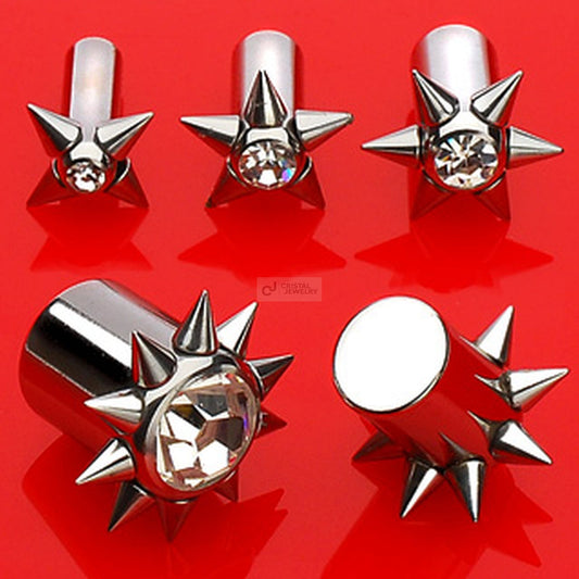 Ohr Flesh Tunnel Plug in silber mit Spikes und funkelndem Kristallstein