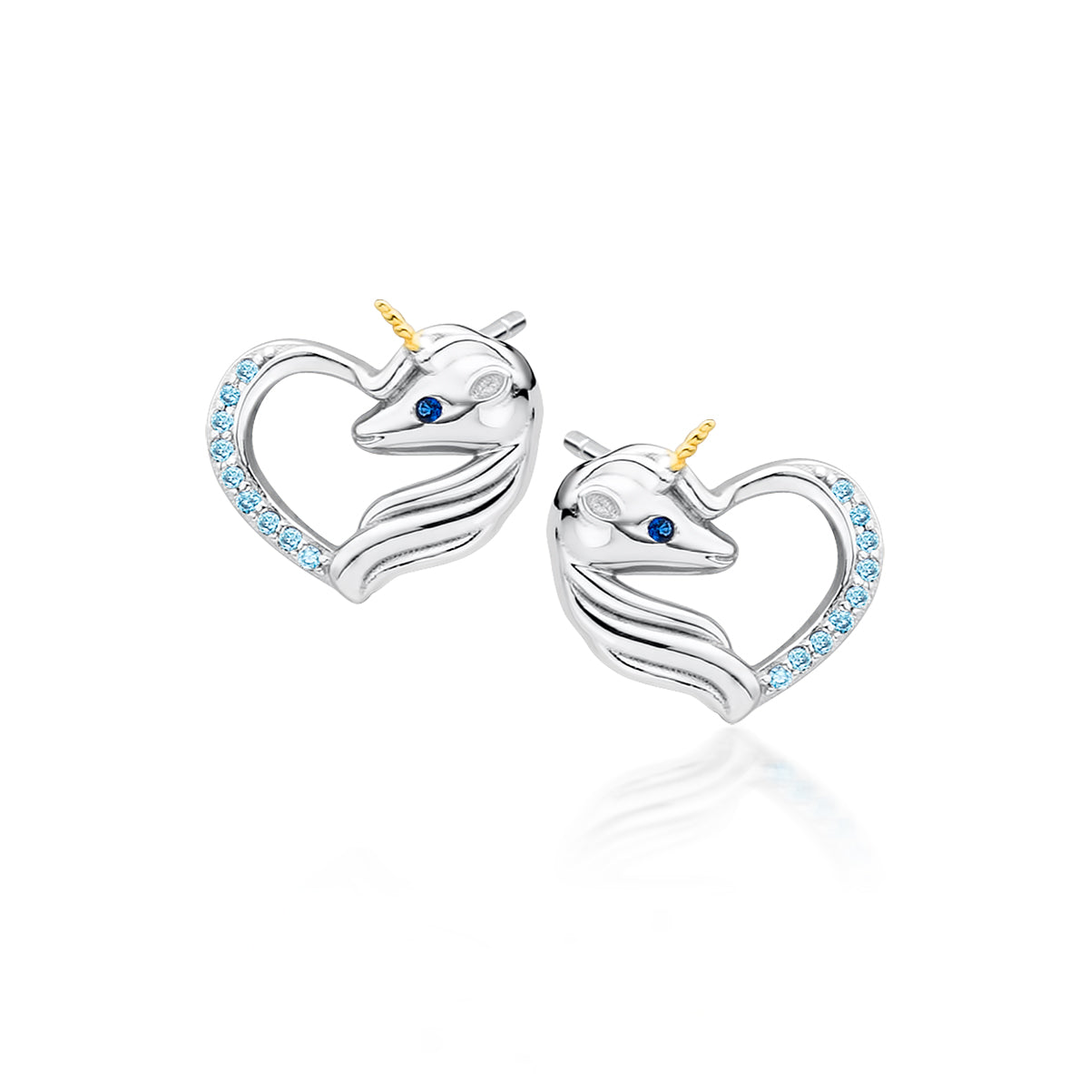 Kinder Damen Ohrstecker Einhorn Herz mit blauen Kristall Silber Mädchen Ohrringe