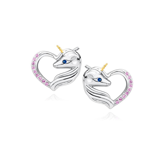 Kinder Mädchen Damen Ohrstecker Einhorn Herz 925er Silber Zirkonia pink