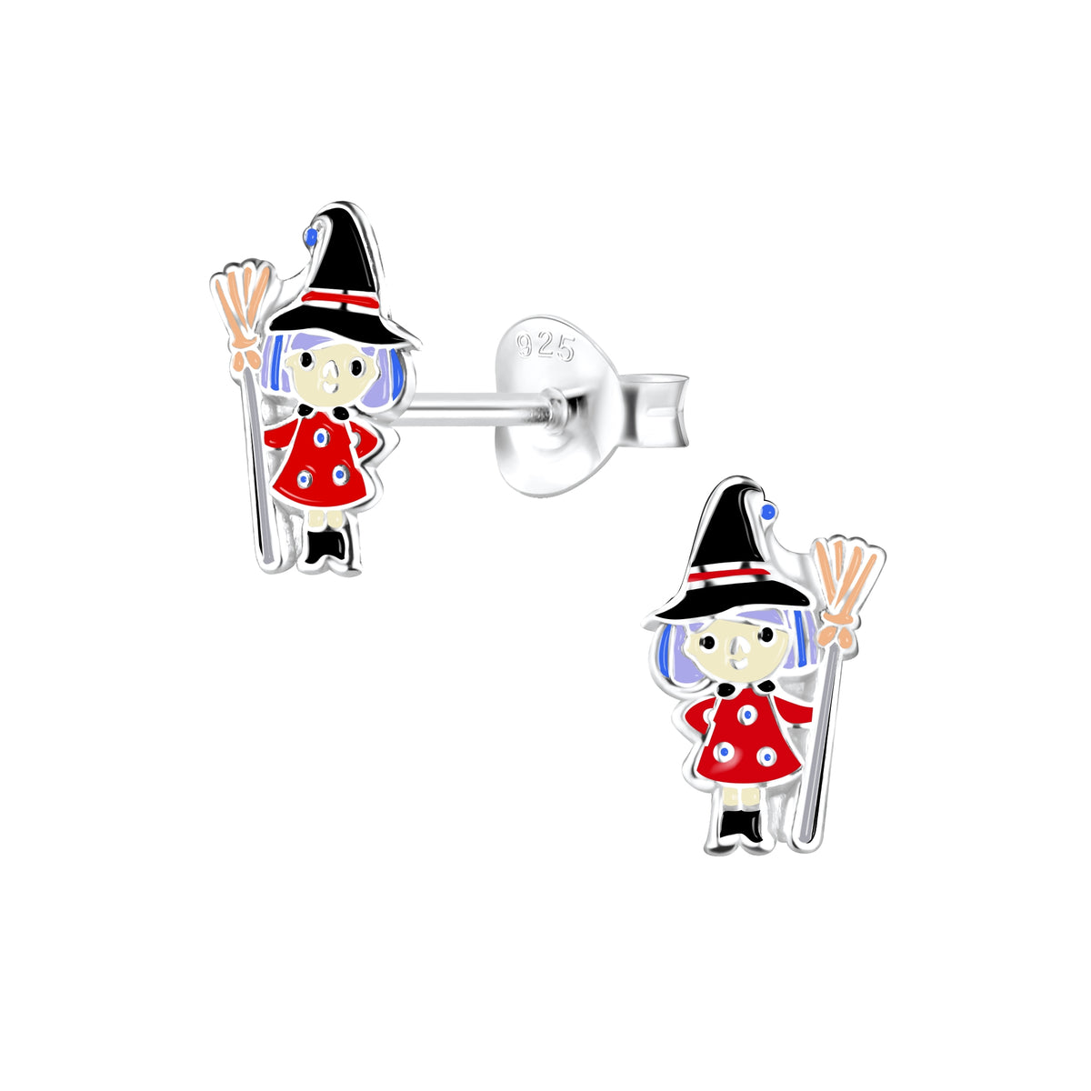 Kinder Ohrstecker 925er Silberkleine Hexe mit Besen Kinderschmuck