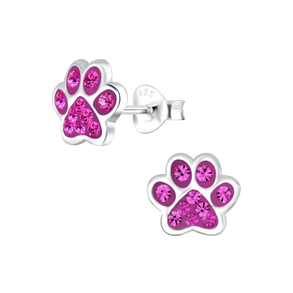 Kinder Mädchen Ohrstecker Hunde Pfote Strass pink 925er Silber Ohrringe Kinderschmuck - Cristal-Jewelry
