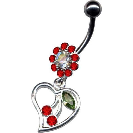 Bauchnabel Piercing Blume mit Herz und Kirsche mit Zirkonia.