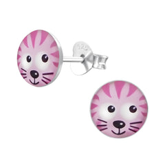 Mädchen Kinder Ohrstecker Tiger pink  Logo Print rund 925er Silber Kinderschmuck
