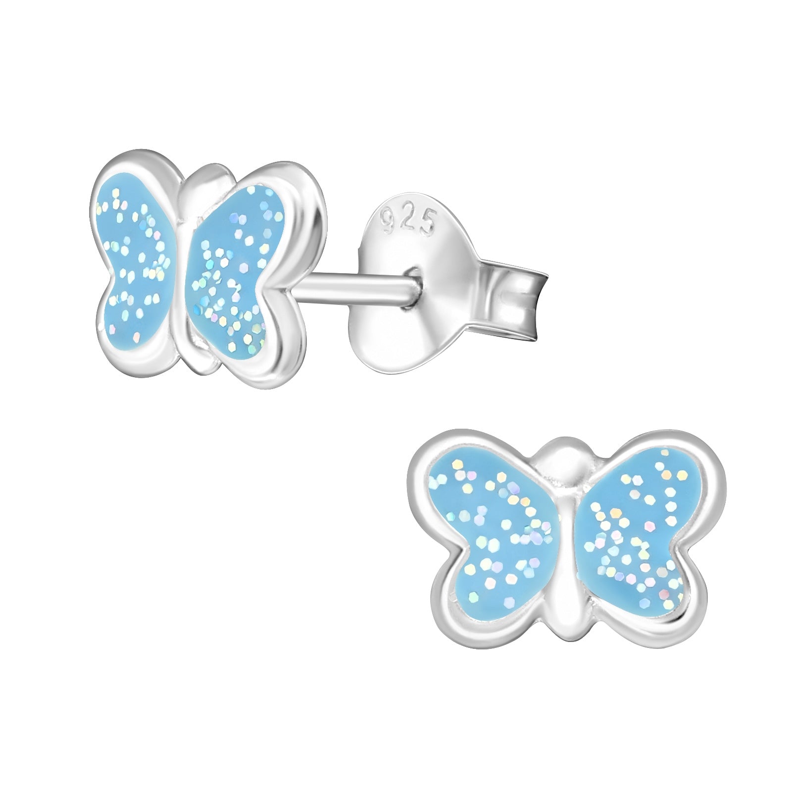 Mädchen Kinder Ohrstecker Schmetterling hellblau mit Glitter Glitzer  925er Silber