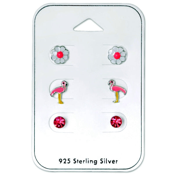 3er Set Kinder Damen Ohrstecker Blume Flamingo Kristallstein 925er Silber Ohrringe - Cristal-Jewelry