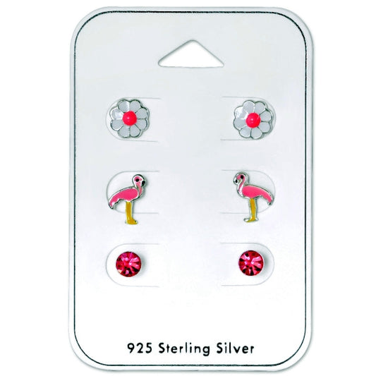 3er Set Kinder Damen Ohrstecker Blume Flamingo Kristallstein 925er Silber Ohrringe - Cristal-Jewelry