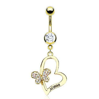 Bauchnabelpiercing Love Herz Strass Schmetterling Gold Beschichtet