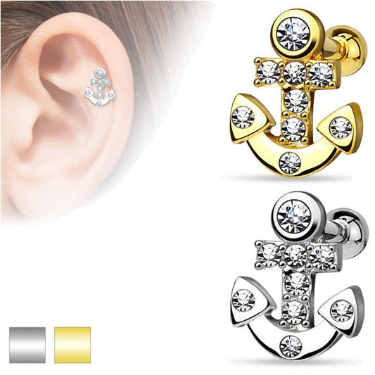 Tragus Helix Cartilage Piercing Anker Kristall Steine Strass gold silber