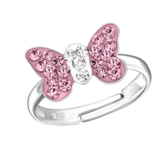 Kinder Ring Fingerring mit Schmetterling hellpink Strass verstellbar 925er Silber