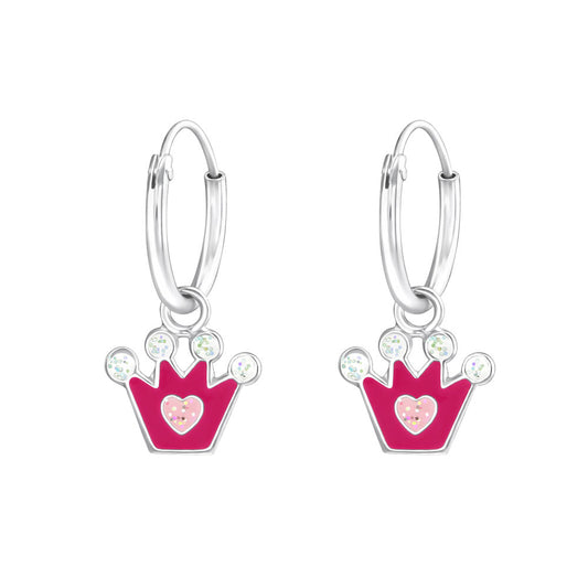 Kinder Mädchen Creolen Ohrringe Krone Herz pink/weiß Glitter 925er Silber