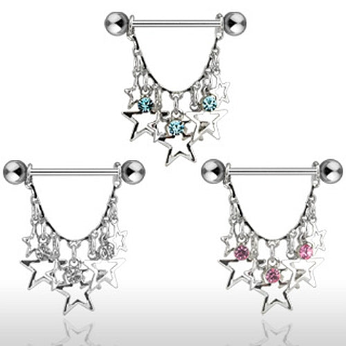 Brustwarzen Piercing mit hängenden Sternen und Kristallsteinchen.