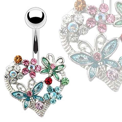 Bauchnabelpiercing Herz mit bunten Kristall Stein Blumen und Schmetterling C316L