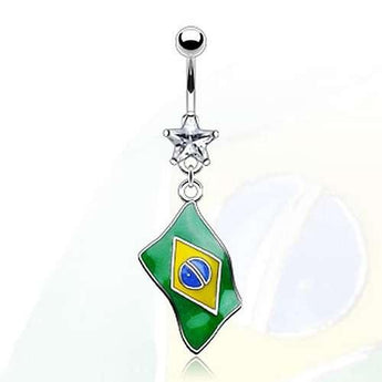 Bauchnabel Piercing mit weissem Kristall Stern und Flagge von Brasilien.
