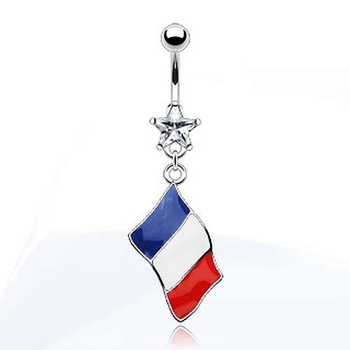 Bauchnabel Piercing mit weissem Kristall Stern und Flagge von Frankreich