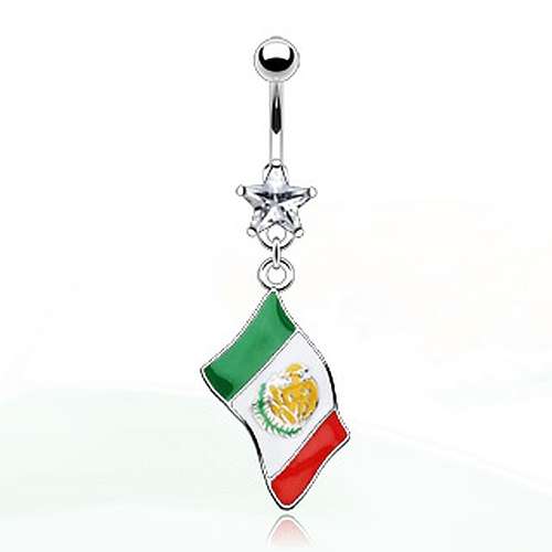 Bauchnabel Piercing mit weissem Kristall Stern und Flagge von Mexico