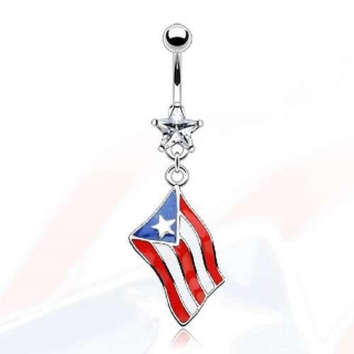 Bauchnabel Piercing mit weissem Kristall Stern und Flagge von Puerto Rico.