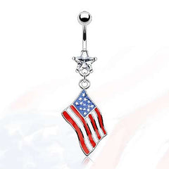 Bauchnabel Piercing mit weissem Kristall Stern und Flagge von USA