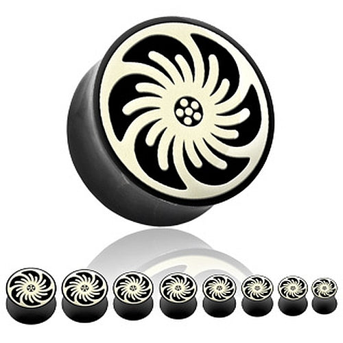 Tunnel Plugs aus Horn mit Tribal Spirale Swirling Flower