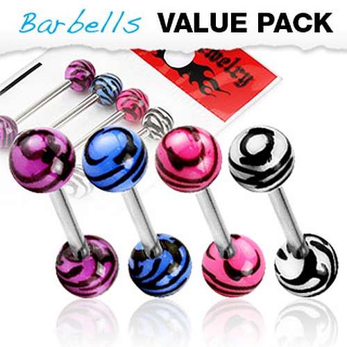 4er Set Zungenpiercing Barbell mit Zebra Kugeln - Cristal-Jewelry