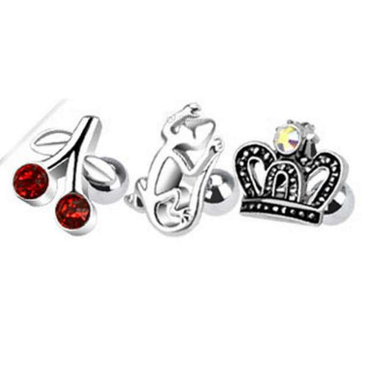 3er Set Tragus Piercing Ohstecker Ohrring Kirsche Gecko und Krone - Cristal-Jewelry