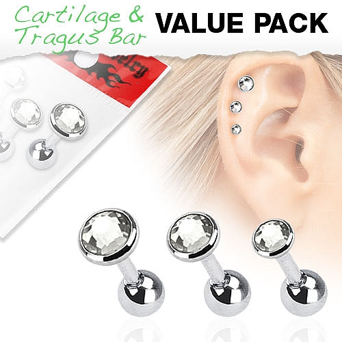 3er Set Tragus Piercing mit Schmuckstein in verschiedenen Farben - Cristal-Jewelry