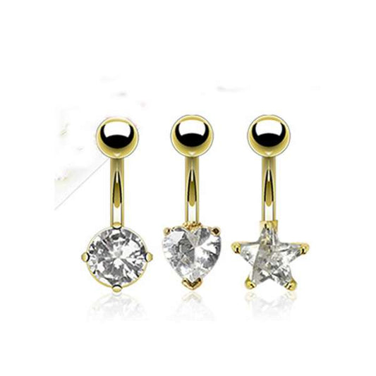 3er Set Bauchnabelpiercing Gold PVD Zirkonia Stern Herz - Cristal-Jewelry